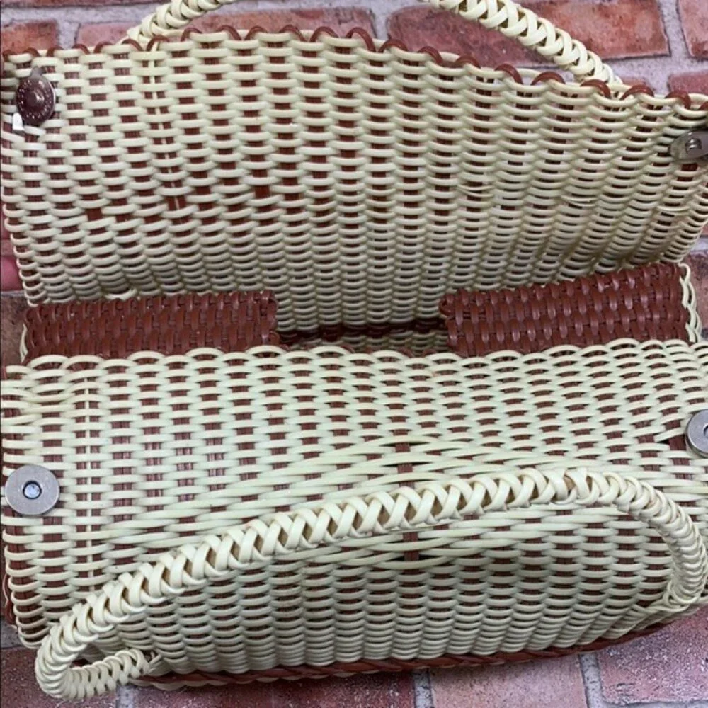 Elegant Cream and Brown Woven Tote with Curved Handles